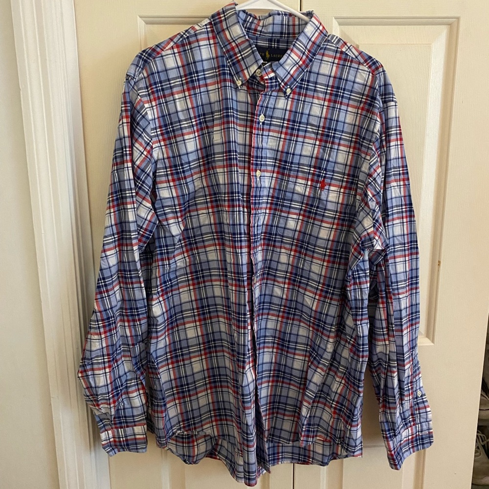 Red/white/blue plaid polo by Ralph Lauren men’s XL